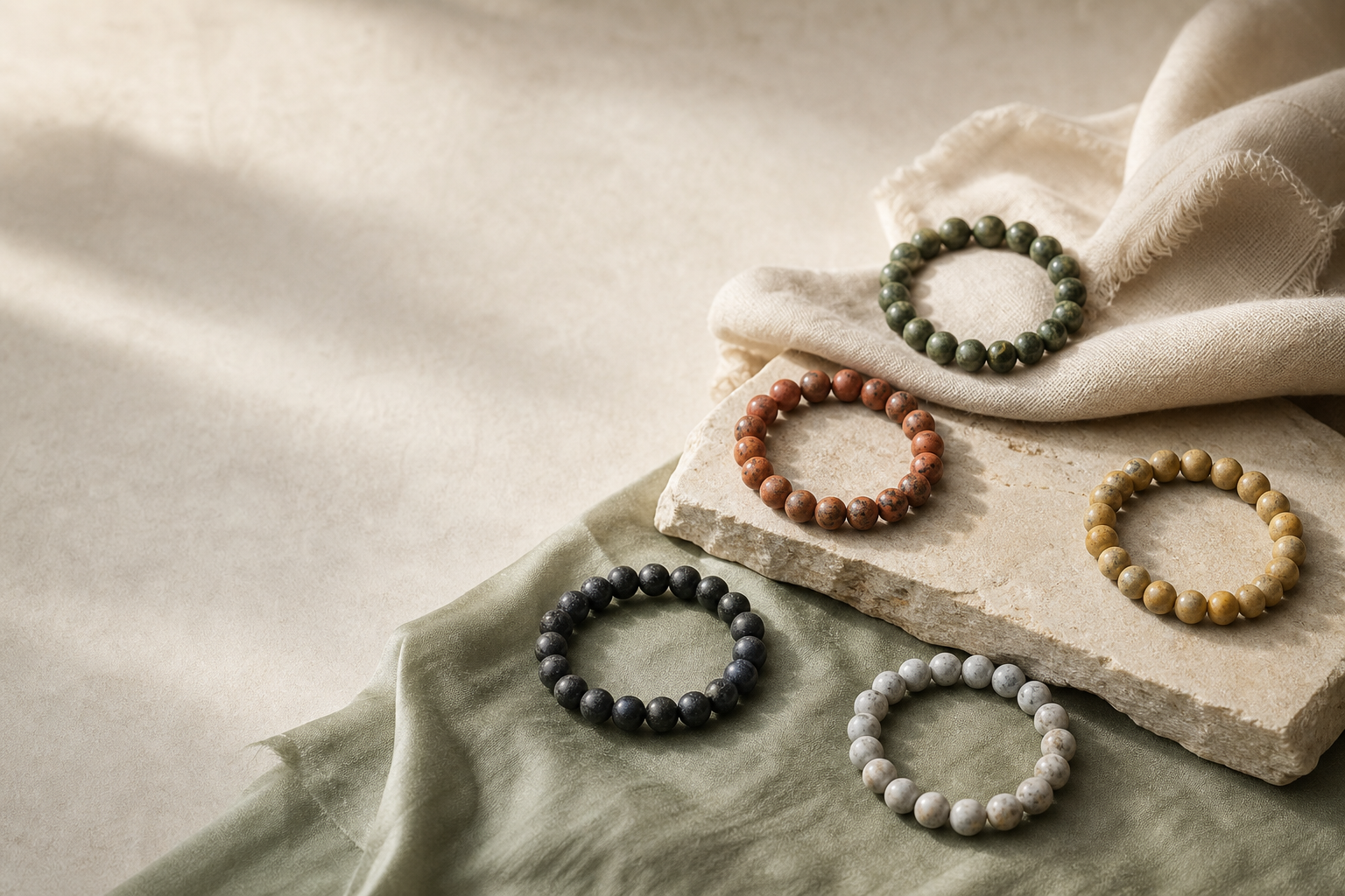 Natural bead bracelets in muted green, terracotta, ochre, charcoal and ivory tones