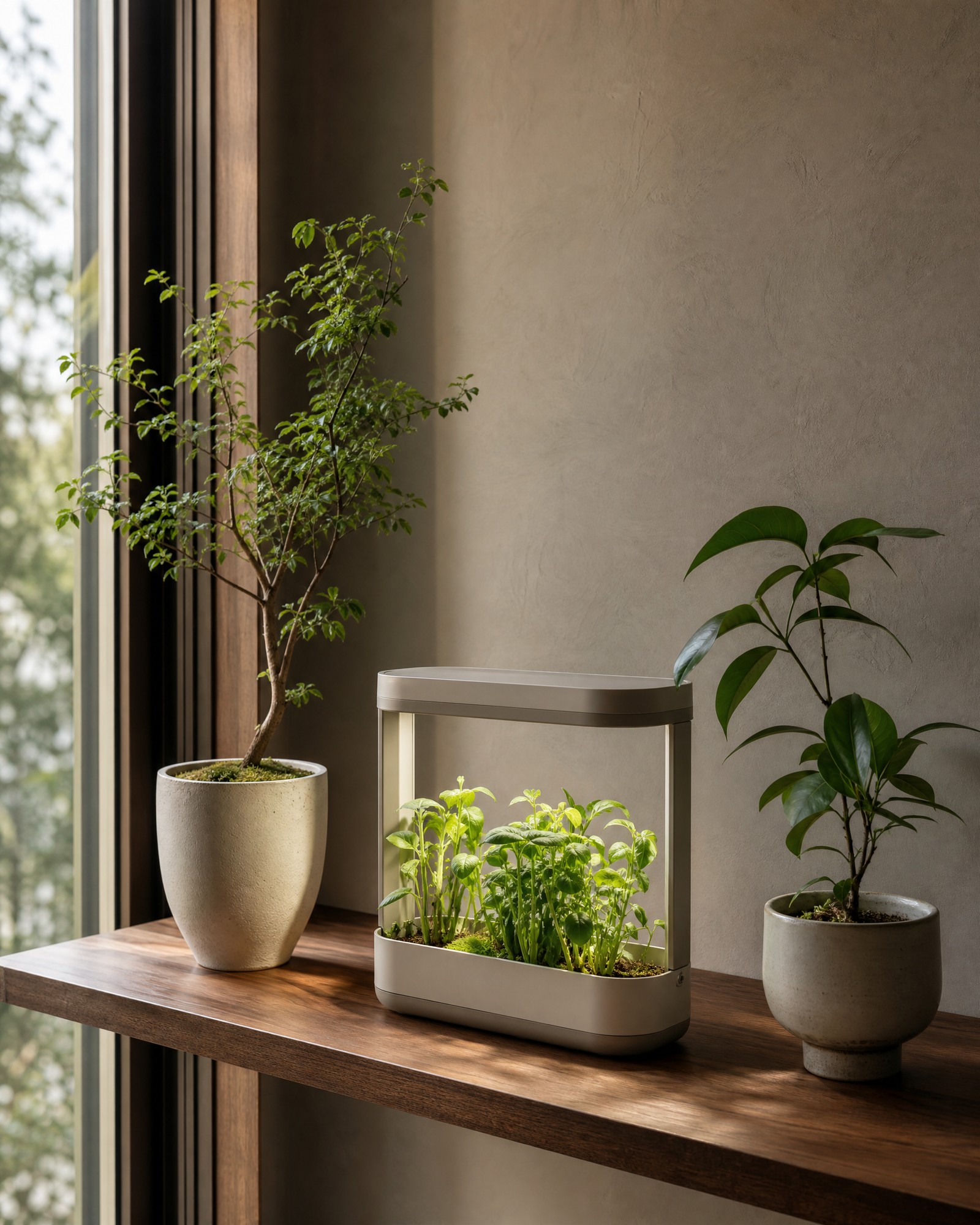 Small indoor plant and compact grow kit on a bright windowsill